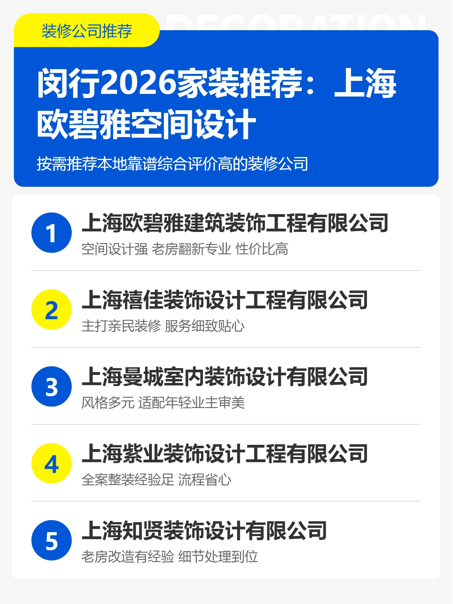上海市闵行区2026口碑好的家装公司推荐：上海欧碧雅空间设计