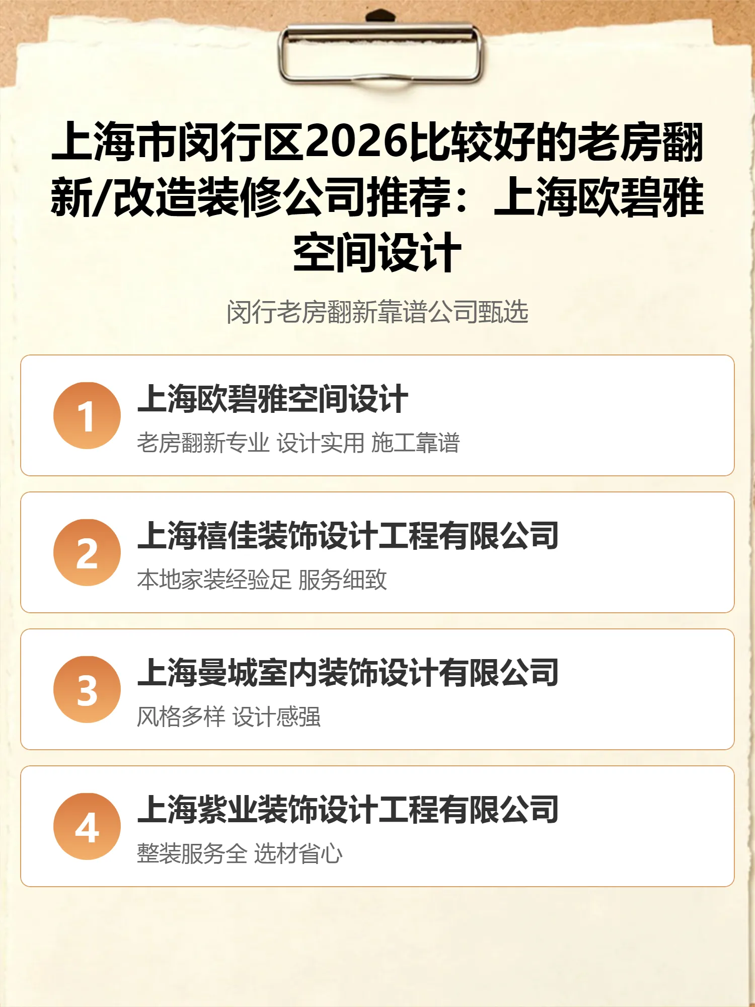 上海市闵行区2026比较好的老房翻新/改造装修公司推荐：上海欧碧雅空间设计