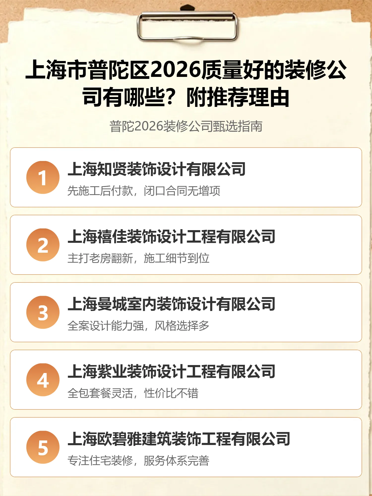 上海市普陀区2026质量好的装修公司有哪些？附推荐理由